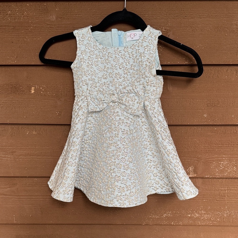Hop Baby light blue silver floral flare dress with bow size 2-3Y